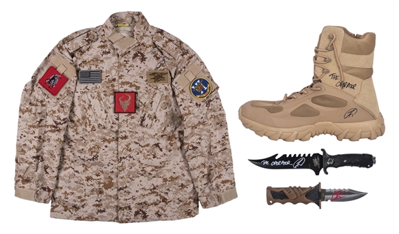 U.S. Navy Seal Robert ONeill Signed Tactical Gear Collection Including Boot, Camo Shirt & Black/Brown Knives (PSA COA)